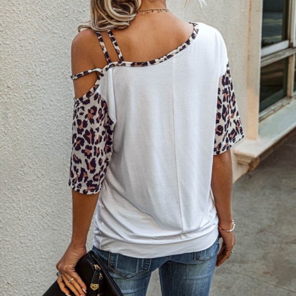 Boho Leopard Print Cut out Strappy White Top - Picture 2 of 4